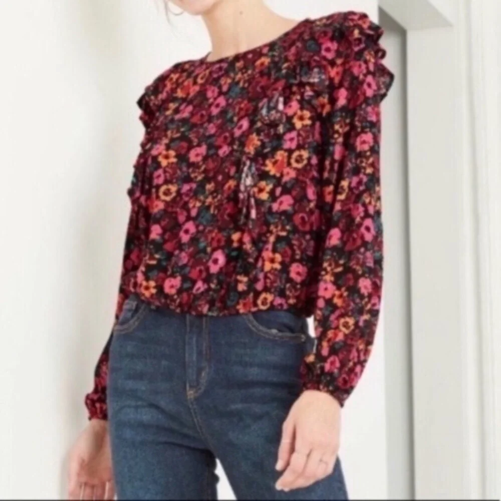 Wild Fable Neon Floral Long Sleeve Blouse - Picture 1 of 6